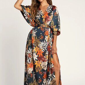 Lulu's Take a Holiday Navy Blue Tropical Print Maxi Dress l Size Small